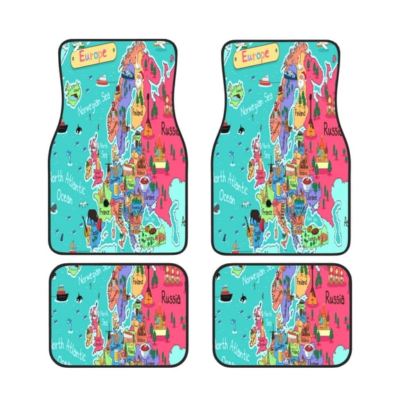 Xecao Cartoon Map Of Europe Print Car Foot Mat Set of 4 Pieces Neoprene All-Weather Dust-Proof Stain-resistantCar Interior Decorative mats Non-Slip Mats