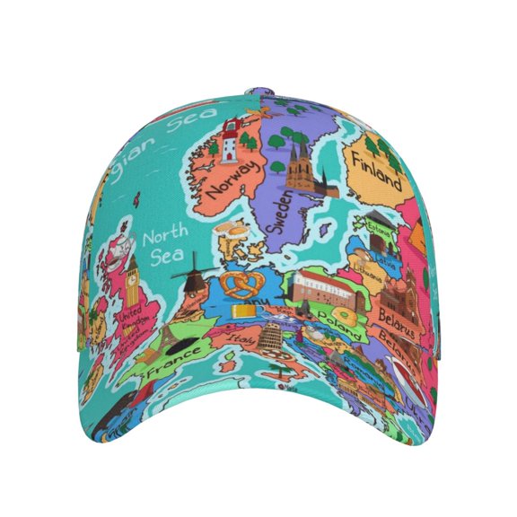 Xecao Cartoon Map Of Europe for Baseball Cap: Unisex, crafted from classic polyester twill fabric, featuring a soft unconstructed design