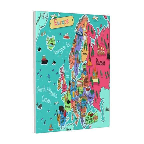 Xecao Cartoon Map Of Europe for Ready-to-Hang Canvas Art 12x16 Inches - Waterproof HD Print Solid Wood Frame for Gifting,Vertical
