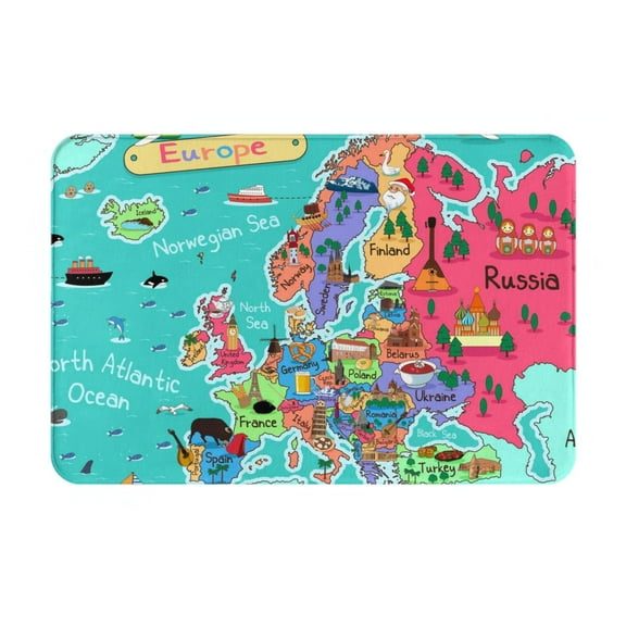 Xecao Cartoon Map Of Europe print Flannel Mat: Non-slip, 16x24in. Ideal for kitchen, bedroom, bath & living room.