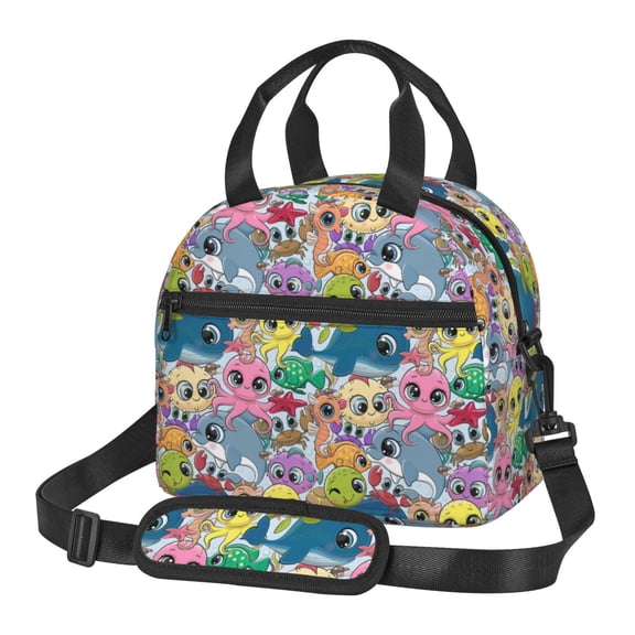 Xecao Cartoon Marine Animals Print Insulated Lunch Box, Lunch Cags Lunch Bag Featuring An Adjustable Shoulder Strap