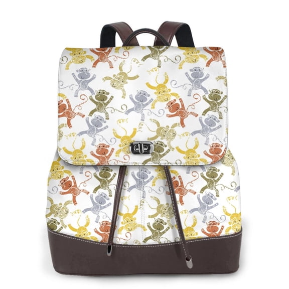 Xecao Cartoon Monkey Print Large Backpack Soft Leather for Women Travel with Compartment, Adjustable Convertible Strap
