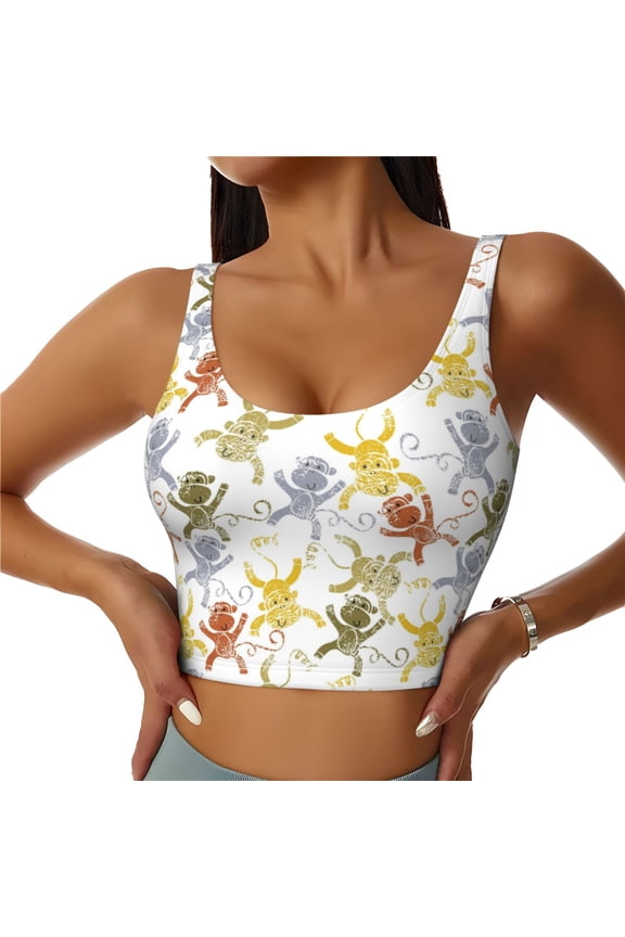 Cartoon Monkey for Sports Bra with Removable Pads, Crop Tank Top Design, Women's Longline Sports Bra - Non-Wired - Small