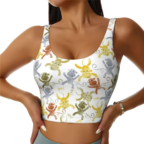 Xecao Cartoon Monkey for Sports Bra with Removable Pads, Crop Tank Top Design, Women's Longline Sports Bra - Non-Wired - X-Large