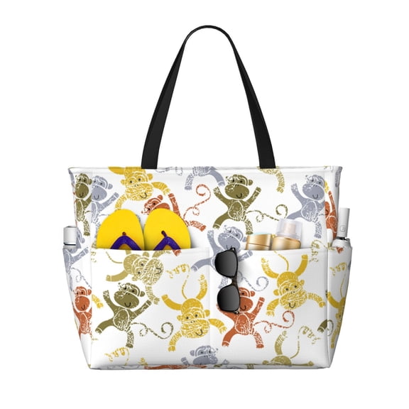 Xecao Cartoon Monkey for versatile beach bag for women includes zipper pockets and waterproof material, ideal for vacations and adventures.