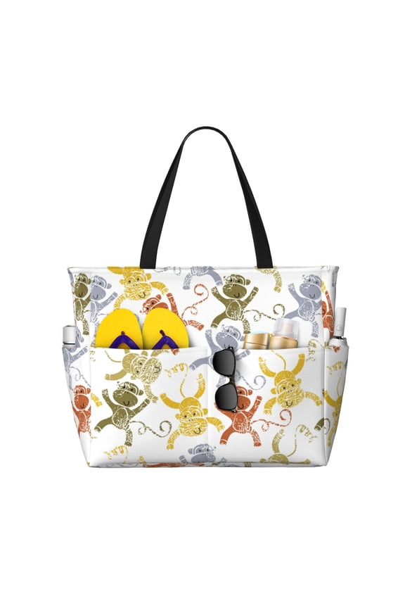 Cartoon Monkey for versatile beach bag for women includes zipper pockets and waterproof material, ideal for vacations and adventures.