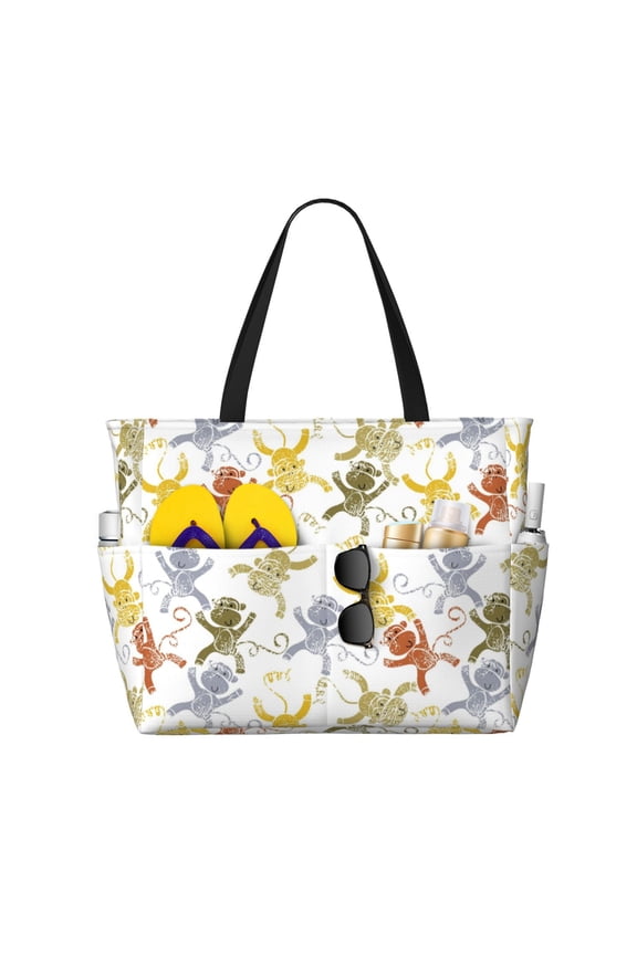 Cartoon Monkey for versatile beach bag for women includes zipper pockets and waterproof material, ideal for vacations and adventures.