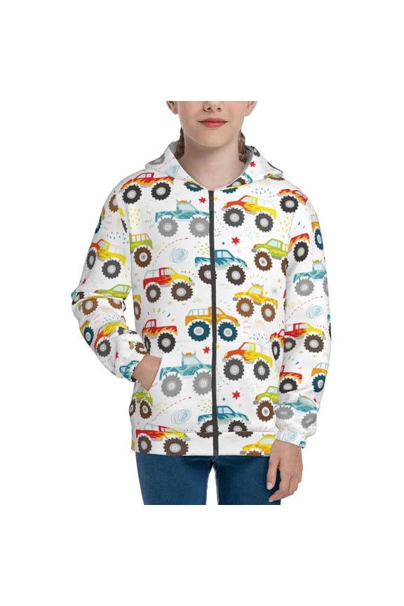 Cartoon Monster Trucks Pattern Zip Up Hoodies for Boys Girls, Sweatshirt with Pockets-Small