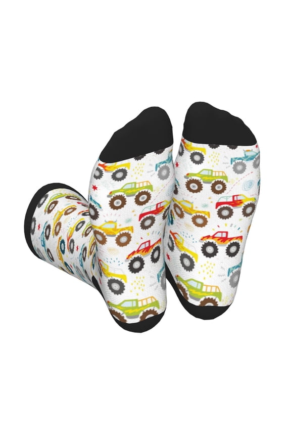 Cartoon Monster Trucks Print Crew Socks for Men and Women, Men's Soft Moisture-wicking Sock