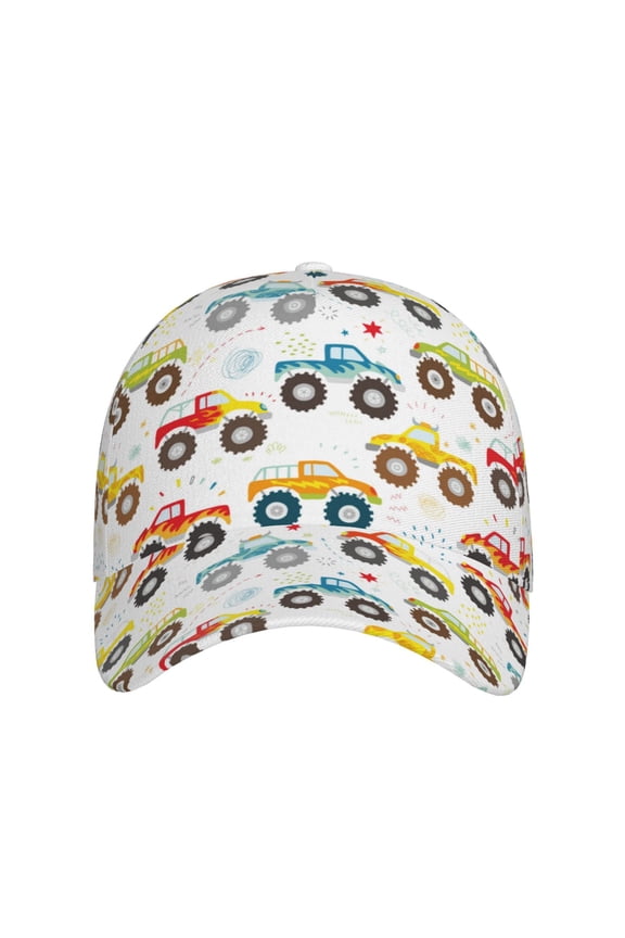Cartoon Monster Trucks for Baseball Cap: Unisex, crafted from classic polyester twill fabric, featuring a soft unconstructed design