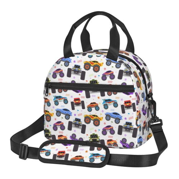 Xecao Cartoon Monster Trucks1 Print Insulated Lunch Box, Lunch Cags Lunch Bag Featuring An Adjustable Shoulder Strap