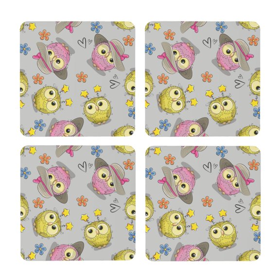 Xecao Cartoon Owls for MDF Cork Coaster 4 Pcs,Drink Coasters,Suit for House Warming Gifts New Home ,Coffee Table Decor-Square