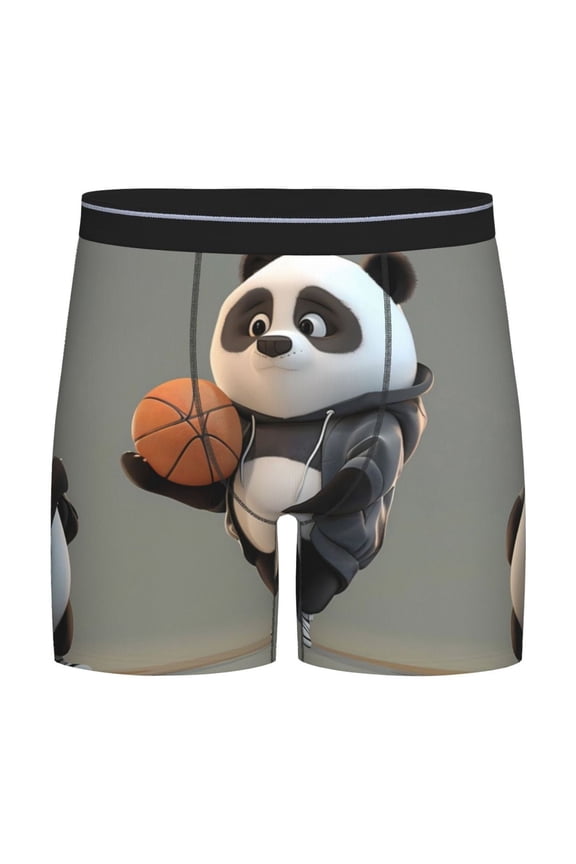 Cartoon Pandas Basketball Print Boxer Briefs for Men's Stretch Moisture-Wicking Underwear, Mid-Rise Classics breathable fabric