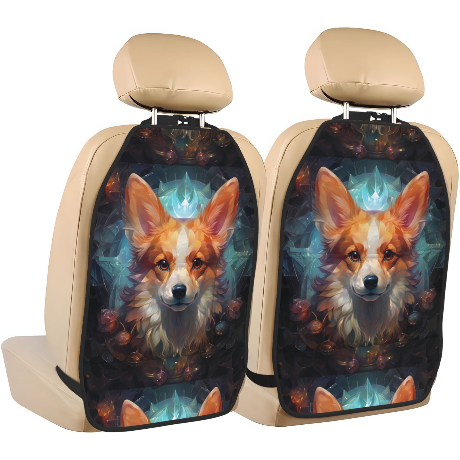 Xecao Cartoon Pattern Corgi Pattern Car Seat Back Protector 2 Pack Large Capacity Pocket, Kick Mats Back Seat Protector