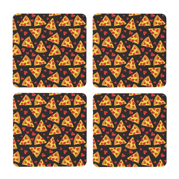 Xecao Cartoon Pizza for MDF Cork Coaster 4 Pcs,Drink Coasters,Suit for House Warming Gifts New Home ,Coffee Table Decor-Square