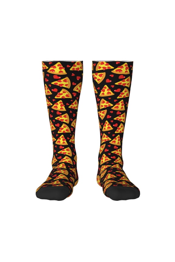 Cartoon Pizza print thigh-high socks, crafted for both men and women with a stretchy, high-opaque design perfect for daily wear