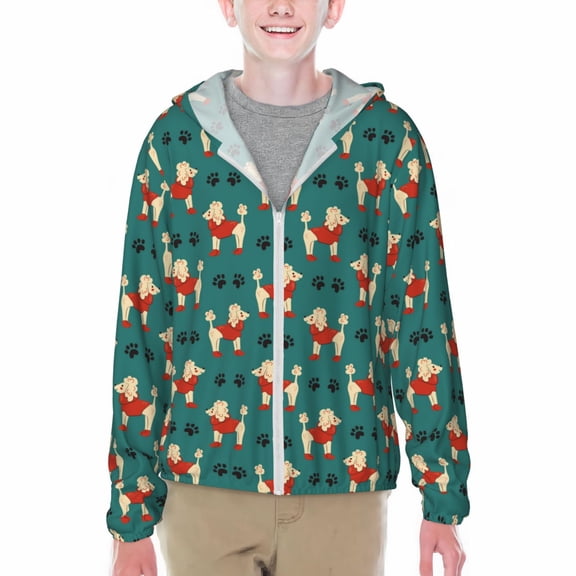 Xecao Cartoon Poodle Dog Print Fishing Shirts for teenager Long Sleeve UV Sun Protection Hoodie with Zipper Outdoor Hiking Shirts-