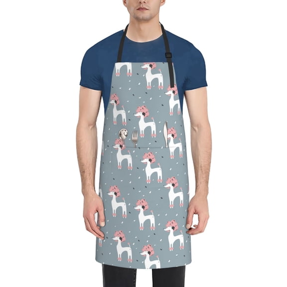 Xecao Cartoon Poodle Dog Print Kitchen Cooking Aprons, Waterproof Adjustable Bib Aprons with 2 Pockets for Women Men Chef