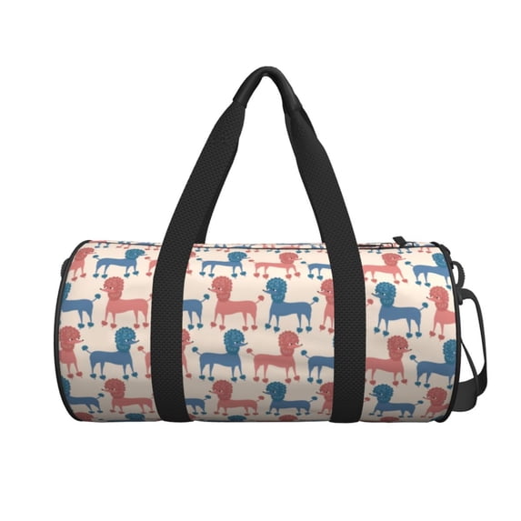 Xecao Cartoon Poodle Dog print Round Travel Duffel Bag is a foldable gym bag with an inner pocket, perfect for travel sports