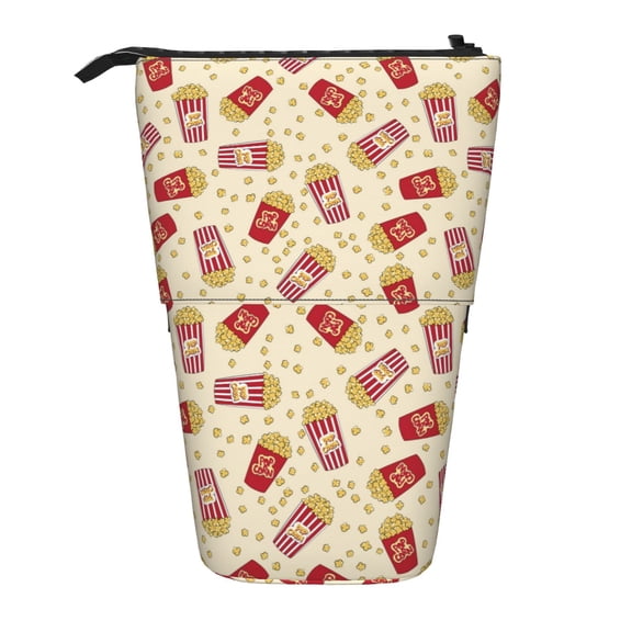 Xecao Cartoon Popcorn Print Telescopic Pencil Bag Pen Holder Pop Up Stationery Case Stand-up Retractable Transformer Bag Standing Organizer