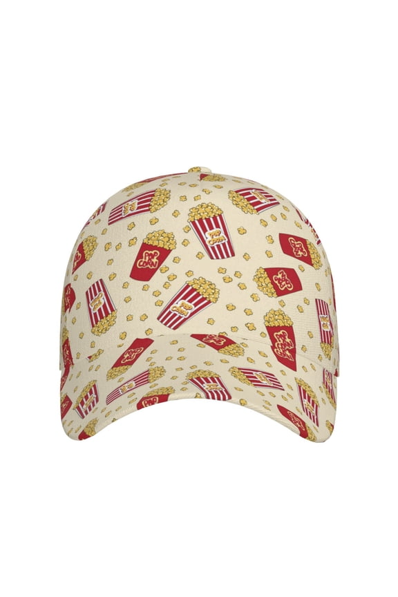 Cartoon Popcorn for Baseball Cap: Unisex, crafted from classic polyester twill fabric, featuring a soft unconstructed design