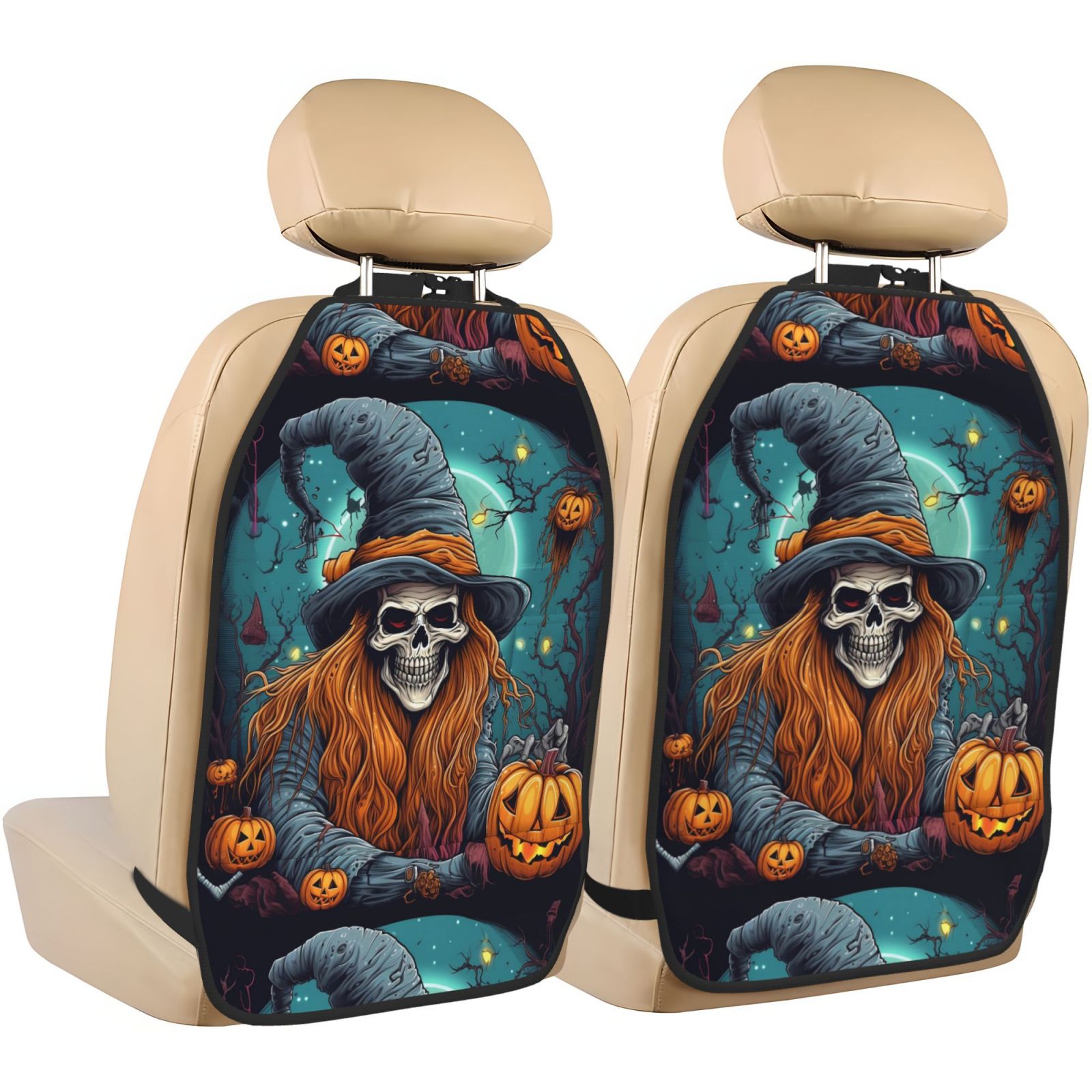 Xecao Cartoon Pumpkin Skull Pattern Car Seat Back Protector 2 Pack Large Capacity Pocket, Kick Mats Back Seat Protector