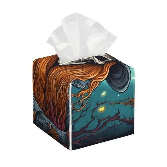 Xecao Cartoon Pumpkin Skull for Tissue Box Cover Holder Square - Leather Decorative Organizer for Tabletop, Bathroom, Car, Office