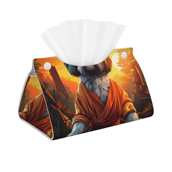 Xecao Cartoon Puppy Sunset Print Tissue Box Cover,Modern PVC Leather Square Tissue Box Holder for Creative Decorative