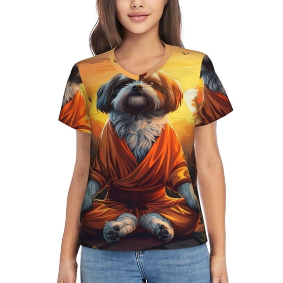 Xecao Cartoon Puppy Sunset for Women's V-Neck T-Shirts-Elegant Half-Sleeve Tops Perfect for Summer-Medium