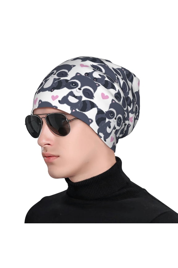 Cartoon Raccoon Print Beanie Knitted Hat for Men Women, Winter Fashion Knit Cuffed Caps Unisex