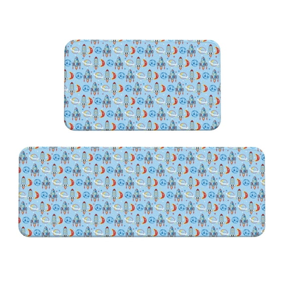 Xecao Cartoon Rocket With Space Patten Kitchen Rugs and Mats Sets,2 Pieces Non-Slip Washable Rugs, Kitchen Mat for Floor,Suit for Kitchen Decor and Accessories