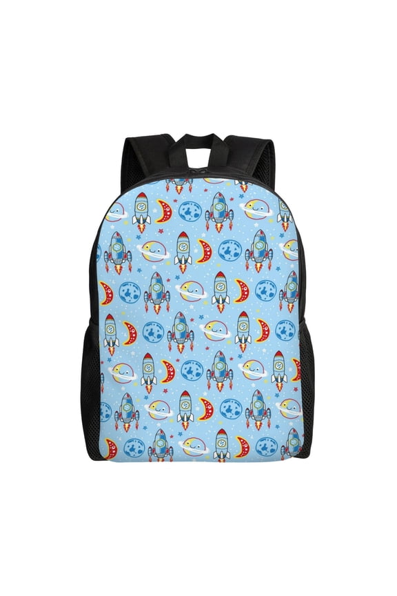 Cartoon Rocket With Space Print School Backpack with Laptop Compartment Small Travel Laptop Backpack for Women Men Waterproof College Backpack Simple School Bag