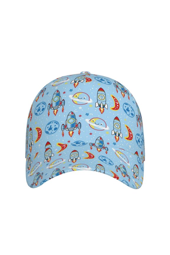 Cartoon Rocket With Space for Baseball Cap: Unisex, crafted from classic polyester twill fabric, featuring a soft unconstructed design