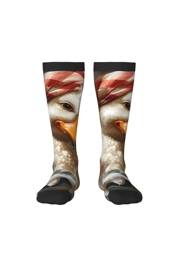 Cartoon Scottish Duck print thigh-high socks, crafted for both men and women with a stretchy, high-opaque design perfect for daily wear