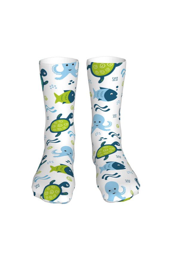 Cartoon Sea Creatures Print Fashion No Heel Casual Crew Socks Cushioned Breathable for Men Women - Moisture wicking,Not easy to fade Suitable for daily