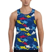 Xecao Cartoon Shark Mens Tank Top Workout Quick Dry Sleeveless Gym Jogging Muscle Shirts Summer Swim Beach Tops