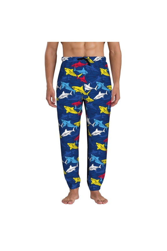 Cartoon Shark Print Active Tech Joggers for Men, Mens Sweatpants Lounge Pants with Pockets-X-Large