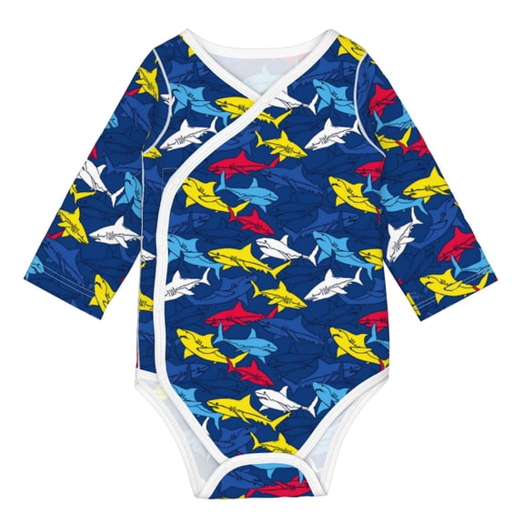 Xecao Cartoon Shark Print Baby unisex-baby Cotton Long-sleeve Bodysuits-3 Months