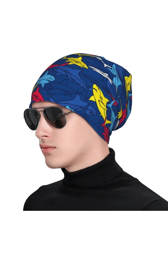 Cartoon Shark Print Beanie Knitted Hat for Men Women, Winter Fashion Knit Cuffed Caps Unisex