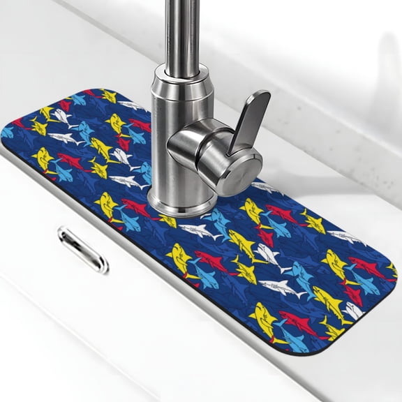 Xecao Cartoon Shark for Kitchen Sink Splash Guard Faucet Mat , Faucet Guard & Draining mat, (15" X 5.5" )
