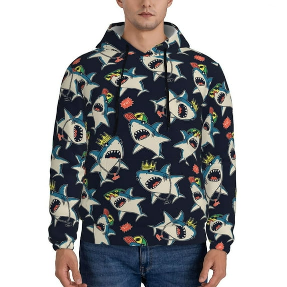 Xecao Cartoon Sharks Pattern Men's Adult Pullover Hoodie,Hooded Sweatshirt-Large