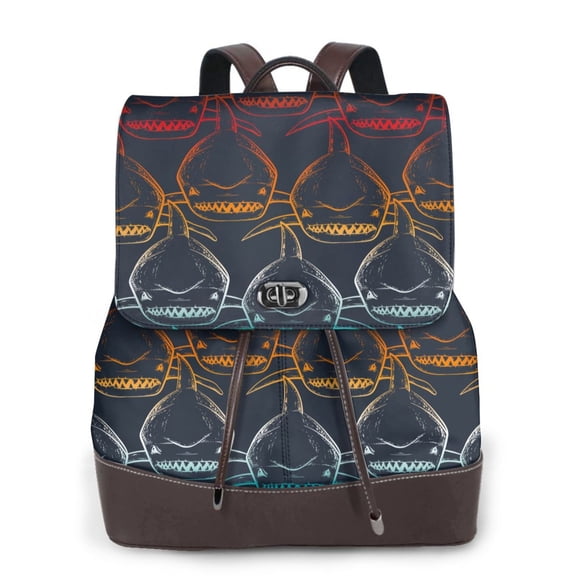 Xecao Cartoon Sharks Print Large Backpack Soft Leather for Women Travel with Compartment, Adjustable Convertible Strap
