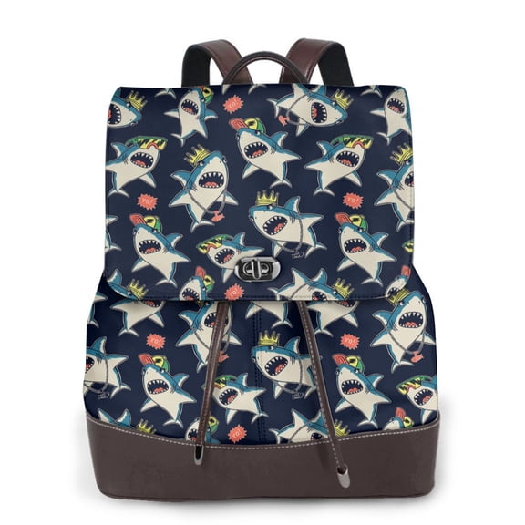 Xecao Cartoon Sharks Print Large Backpack Soft Leather for Women Travel with Compartment, Adjustable Convertible Strap