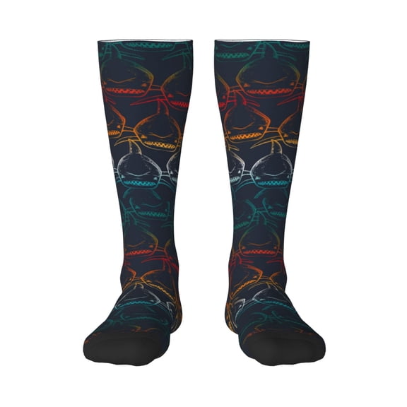 Xecao Cartoon Sharks print thigh-high socks, crafted for both men and women with a stretchy, high-opaque design perfect for daily wear