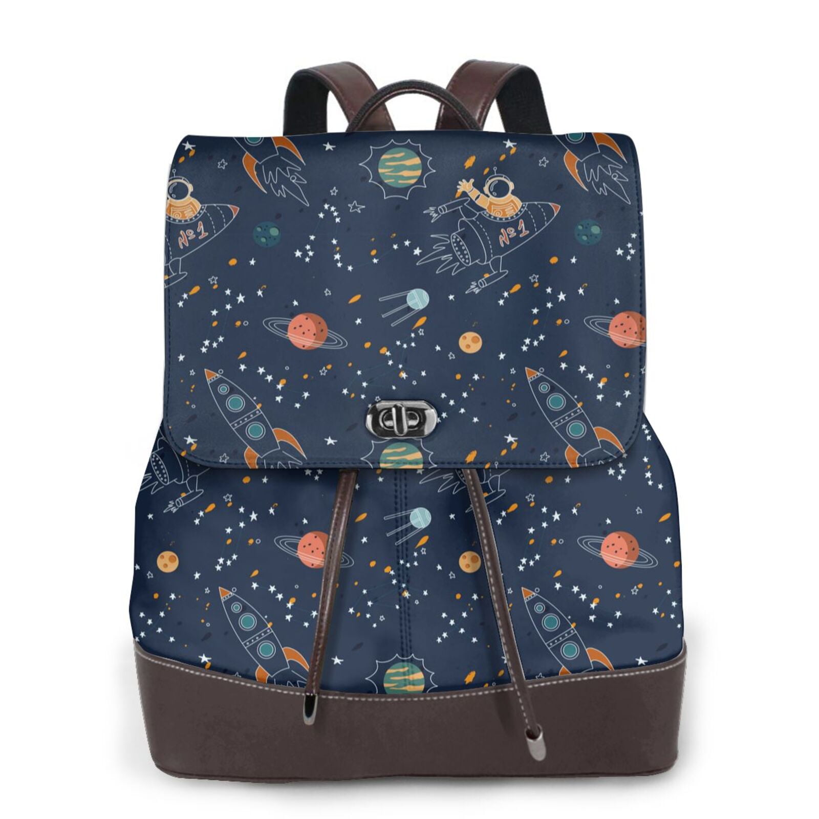Xecao Cartoon Space Planets Print Large Backpack Soft Leather for Women ...