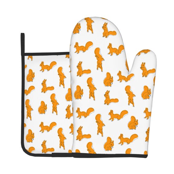 Xecao Cartoon Squirrel Pattern Oven Mitts and Pot Holders Sets Heat Resistant Silicone Oven Mittens Extra Thicken Long Kitchen Cotton Oven Glove for Cooking
