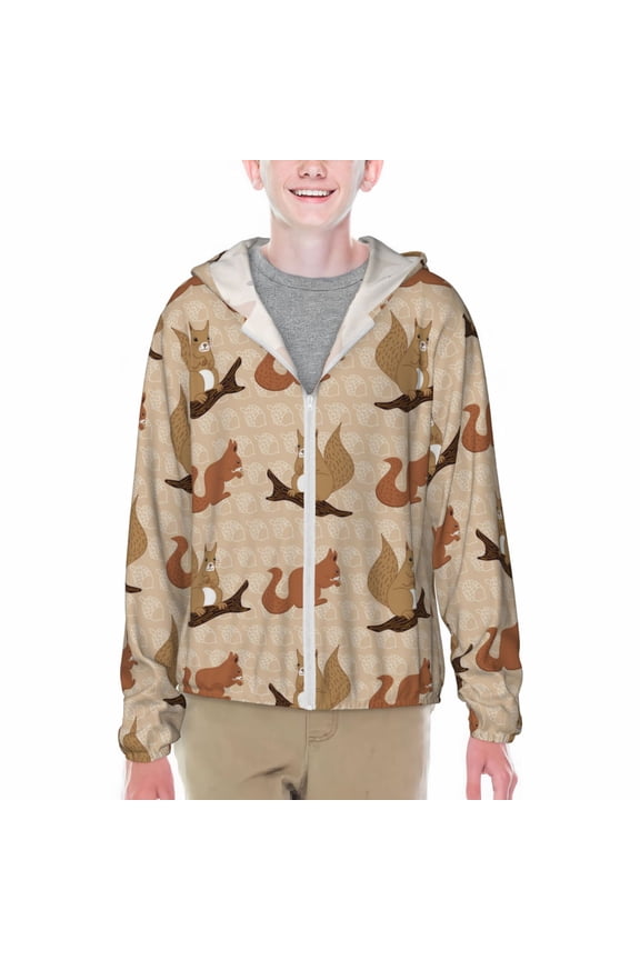 Cartoon Squirrel Print Fishing Shirts for teenager Long Sleeve UV Sun Protection Hoodie with Zipper Outdoor Hiking Shirts-XX-Large