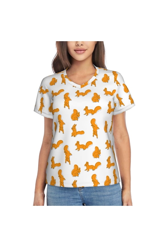 Cartoon Squirrel for Women's V-Neck T-Shirts-Elegant Half-Sleeve Tops Perfect for Summer-Medium