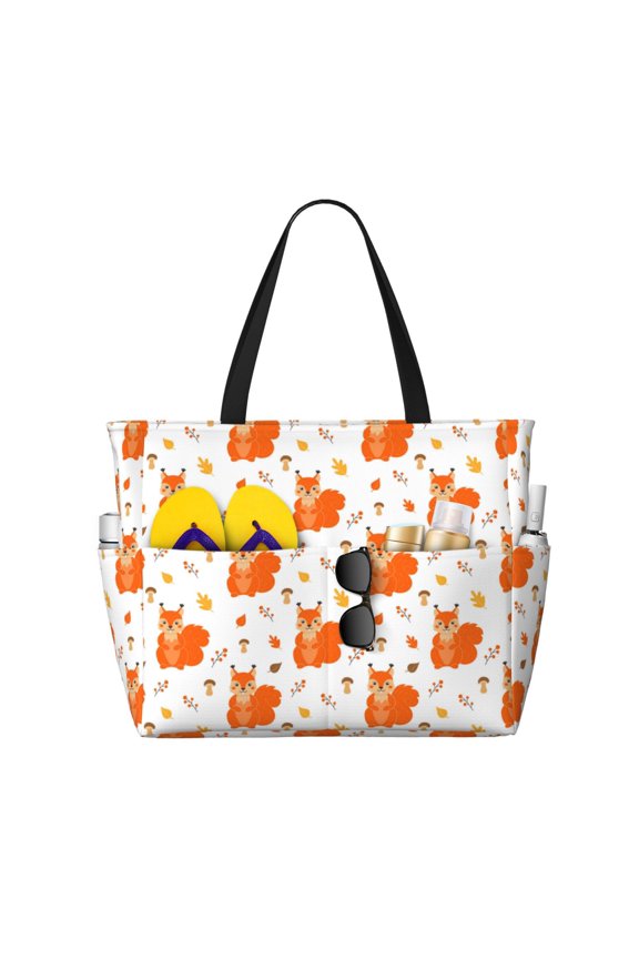 Cartoon Squirrel for versatile beach bag for women includes zipper pockets and waterproof material, ideal for vacations and adventures.