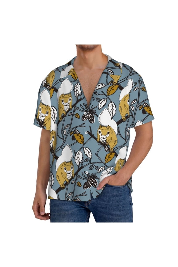Cartoon Squirrel on Branch Men's Casual Short-sleeved Shirt, a button-up collared shirt with a pocket-Small